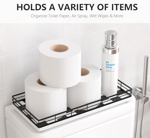 Toilet Paper Basket Organizer, Oak Wood Toilet Tank Tray with Metal Frame - Image 2