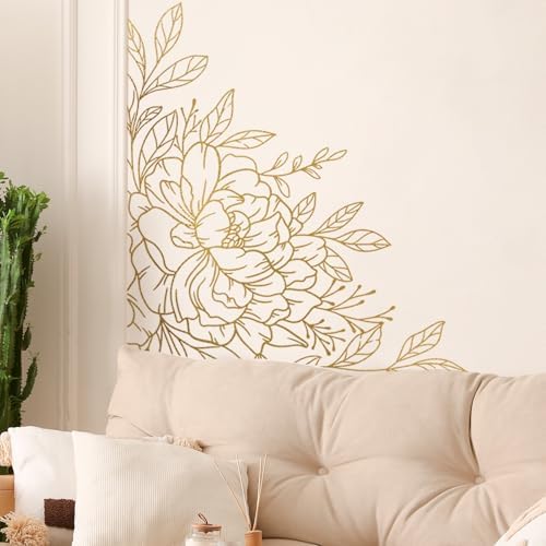 Gold Metallic Wall Decals Peel and Stick Large Wall Stickers Large Sketch Minimal Line Transfer for Women Living Room, Bedroom Decor, Peony Gold by Flortlias