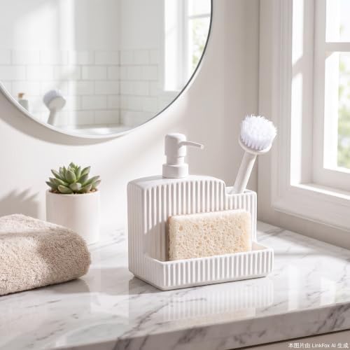 RQYIXI 3-in-1 Ceramic Square Soap Dispenser with Sponge Holder,White,18 Oz - Image 5