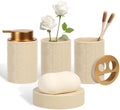 Kukikan Ceramic Bathroom Accessories Set, 4 Pcs-Includes Lotion Soap Dispenser, Toothbrush Holder, Vanity Tray, and Tumbler, Modern Bathroom Decor Organizer with Soap Dish, Apothecary Jar, Beige Color by KUKIKAN