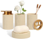 Kukikan Ceramic Bathroom Accessories Set, 4 Pcs-Includes Lotion Soap Dispenser, Toothbrush Holder, Vanity Tray, and Tumbler, Modern Bathroom Decor Organizer with Soap Dish, Apothecary Jar, Beige Color by KUKIKAN