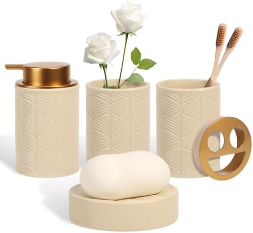 Kukikan Ceramic Bathroom Accessories Set, 4 Pcs-Includes Lotion Soap Dispenser, Toothbrush Holder, Vanity Tray, and Tumbler, Modern Bathroom Decor Organizer with Soap Dish, Apothecary Jar, Beige Color by KUKIKAN