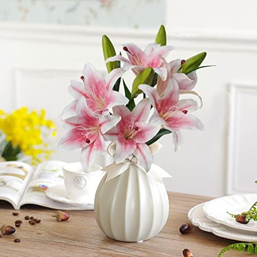 JINWOE 2 Pcs Pink Stargazer Lily Artificial Flowers, Long Stem 28" 6 Heads Artificial Lily Silk Flowers, Full Bloom Easter Faux Tiger Lily for Christmas Home Hote Tall Vase Arrangement Decor - Image 3