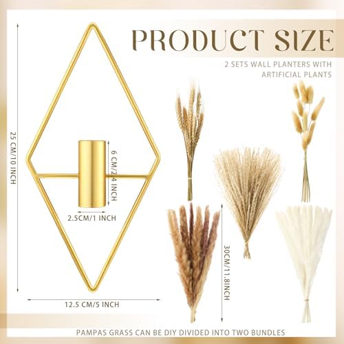 Peryiter 2 Pcs Boho Pampas Wall Art Decor Hanging Metal Wall Art, Gold - Image 2