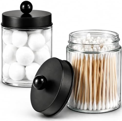 Amolliar Apothecary Jar Qtip Holder w/Metal Lid Glass,Glass, Black 2Pack by Amolliar