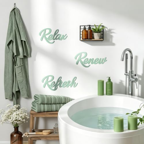 3 Pcs Bathroom Wall Decor Wooden Relax Renew Refresh Sign (Green) - Image 5