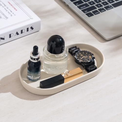 Matte Beige Round Soap Dispenser Tray - 8'' Ceramic Vanity Tray for Bathroom Decorative, Jewelry Ring Dish, Comestic Holder, Kitchen Sink Countertop Organizer Plate - Image 7