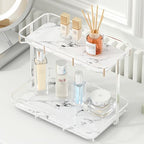 Bathroom Organizer Countertop Perfume Organizer Makeup Organizer Cosmetics Storage Display Rack Vanity Tray Dresser Stainless Steel Gold Shelf White Marble Ceramic Tray by Dobbyby