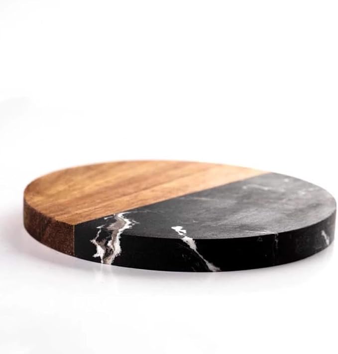 I-LAN 4-Pack Black Marble and Acacia Wood Coasters, 4-Inch Round Modern Drink - Image 5