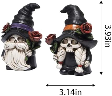 Hodao Halloween Gnomes Decor Indoor Skull Figurines with Witch Hats 2 Pcs - Image 2