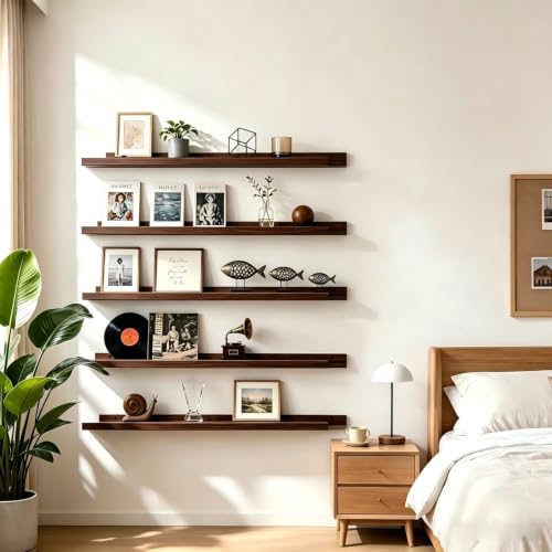 24inch Long Floating Shelves for Wall Decor, 5-Set Shelves with Lip, Walnut - Image 2