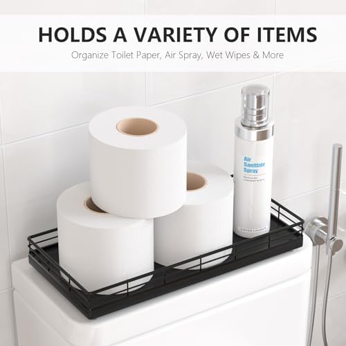 Toilet Paper Basket Organizer, Oak Wood Toilet Tank Tray with Metal Frame - Image 2