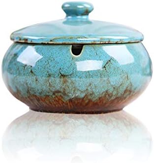 Lependor Ceramic Ashtray with Lids, Windproof, Cigarette Ashtray for Indoor or Outdoor Use，Ash Holder for Smokers,Desktop Smoking Ash Tray for Home Office Decoration - Blue by Lependor