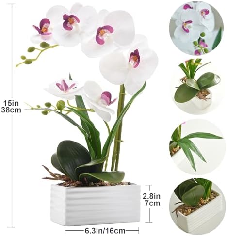 Artificial Real Touch Orchid Flowers with White Ceramic Vase, White - Image 2