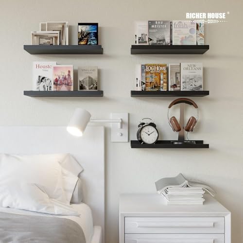 RICHER HOUSE 5-Set Floating Shelves with Lip, Black Wall Mounted Wood Shelf - Image 4