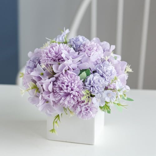 TKAS Fake Flowers Arrangement in Ceramic Vase, Artificial Faux Silk Hydrangea, Small Realistic Dried-Style Floral Centerpiece for Dining Table, Wedding Party Home Decoration (Purple) by TKAS