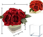 Artificial Peony Silk Flower Centerpieces Faux Floral Arrangement in Glass Vase for Home Wedding Table Decoration (Red) - Image 7