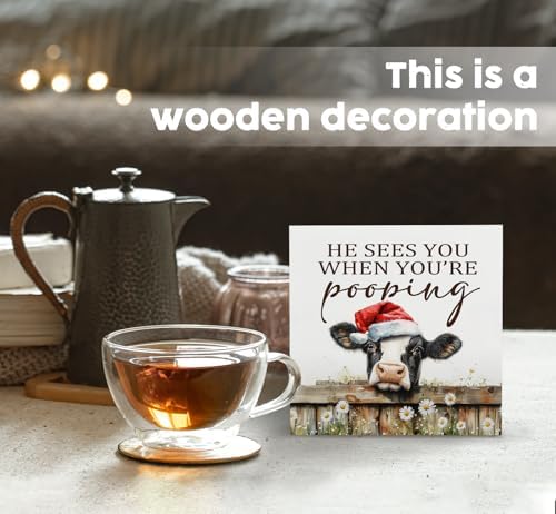 Christmas cows Home Bathroom Decor Sign - Farmhouse Western Christmas Animal Bathroom Decor,Rustic Farm Animal He Sees You When You're Pooping Signs,cows Gifts for Women - Image 2
