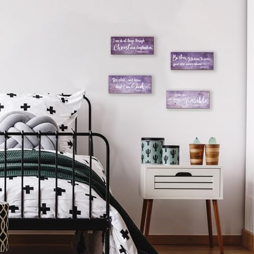 4 Pieces Bible Verses Wall Decor Purple Bathroom Decor Christian Signs Religious Art for Home Motivational Prayer Wall Art for Living Room Office Bedroom Bathroom(Purple,10x4") - Image 3