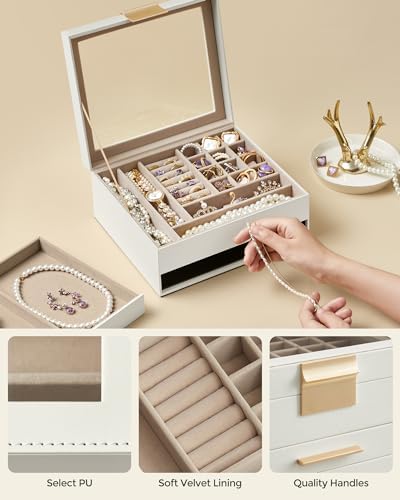 SONGMICS Jewelry Box Organizer, 2-Layer Storage with 1 Drawers, Glass Lid - Image 6