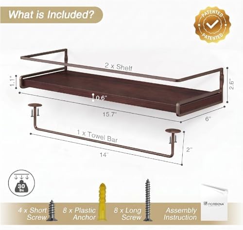 Forbena Dark Brown Kitchen Shelves Wall Mounted Set of 2, Walnut Brown Floating Kitchen Wall Shelves with Rail, Hanging Shelves for Kitchen Wall Coffee Bar (Wooden Pine Wood) - Image 3