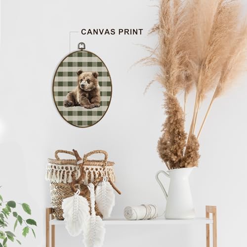 dvhdajed Vintage Bear Oval Wall Art Decor, Cabin Bear Green Checkered Framed Canvas Art, Baby Boys Nursery Decoration, Farmhouse Rustic Animal Wall Hanging Decor for Toddler Room Bedroom,8.7x11.3 In - Image 3