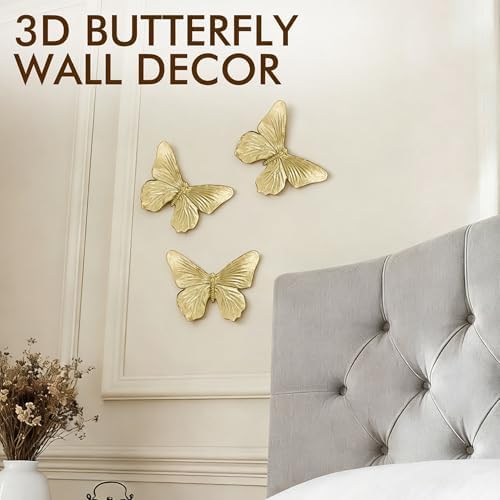 GUSFREUD 3D Butterfly Wall Decor Set – Resin Wall Decor for Living Room, Bedroom, Bathroom, Dining Room, Outdoor and Gallery Walls - Antique Gold - Set of 3 - Image 2