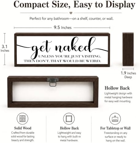 Funny Bathroom Wooden Sign, Playful Get Naked Quote, Funny Farmhouse Bathroom Wall Sign, Solid Wood Bathrooms Decor Accent, Modern Rustic Restroom Wall Decor Gift, 9.5 x 3.1 Inches - Image 6