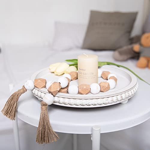 HPC Decor 12in Round Wood Tray - White, Distressed, Farmhouse Rustic - Decorative Tray for Living Room, Coffee Table, Kitchen Table or Farmhouse Serving Tray - Image 2