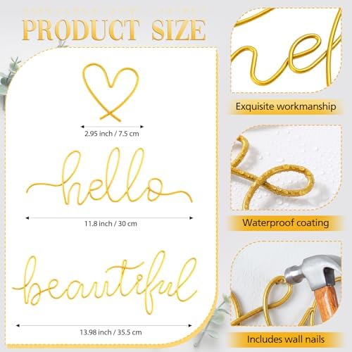 Hicarer Metal Hello Beautiful Wall Art Minimalist Wall Decor, Gold - Image 2
