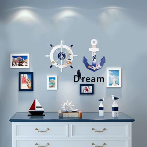 2 Pack 11" Nautical Beach Wooden Ship Wheel and 11" Wooden Anchor with Rope Nautical Boat Steering Wheel Rudder Anchor Wall Art Decor Door Hanging Ornament Beach Theme Home Decoration(White&Blue) - Image 3