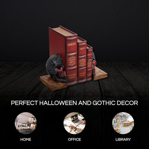 Skull Book Ends Gothic, Lifesize Human, Heavy-Duty Bookends, Skeleton Decorations, Bookends for Shelves, Heavy Books, Black Skull Design Bookend 7x5.1x6.3, Spooky Decor, Holiday - Bloody Black & Red - Image 3