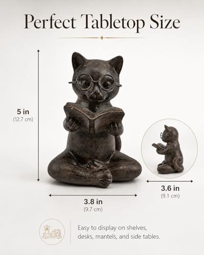 Bronze Cat Figurine Reading Book, Resin Home Décor Accents Statue with Glasses, Cute Tabletop Decor for Bookshelf Desk Office Library, Cat Lovers Gifts for Women Man Teacher Student (Reading Cat) - Image 5