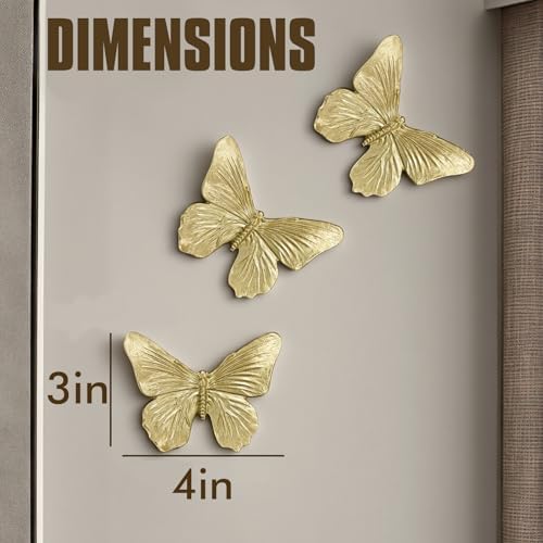 GUSFREUD 3D Butterfly Wall Decor Set – Resin Wall Decor for Living Room, Bedroom, Bathroom, Dining Room, Outdoor and Gallery Walls - Antique Gold - Set of 3 - Image 3