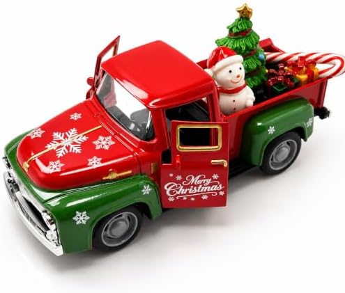 Christmas Truck Decor, 5.7 Inch Vintage Metal Pickup with Snowman and Tree by YIPRONS