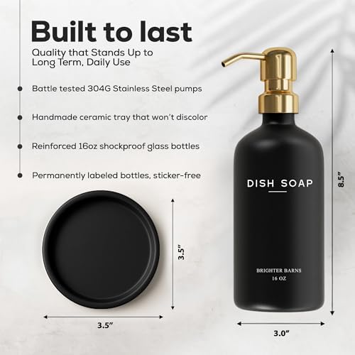 Luxury Glass Dish Soap Dispenser for Kitchen Sink by Brighter Barns - Refillable Glass Kitchen Soap Dispenser Set - Black and Gold Home Decor for Modern Home, Rentals, Restaurants, Gift (Black/Gold) - Image 3