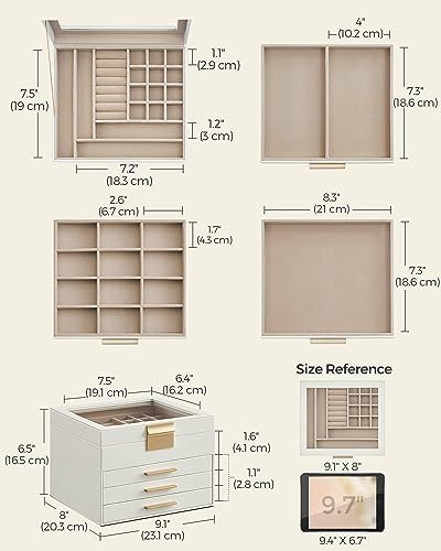 SONGMICS Jewelry Box Organizer, 4-Layer Storage with 3 Drawers, Glass Lid - Image 5