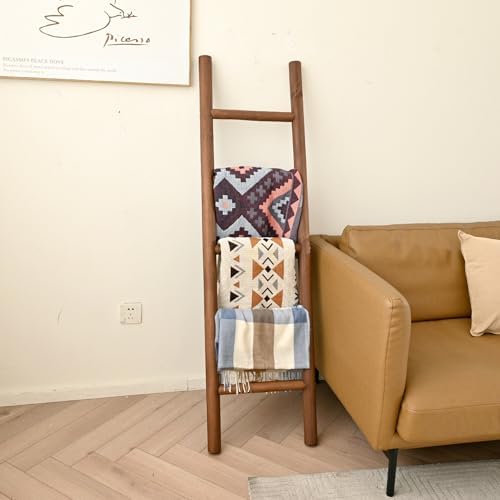 FUIN Blanket Ladder, 57in Rustic Wood Decor Rack, Fully Assembled, DK.Brown - Image 6