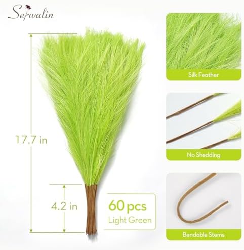 Serwalin 60PCS 17.7" Light Green Faux Pampas Grass Decor for Vase Filler - Image 6