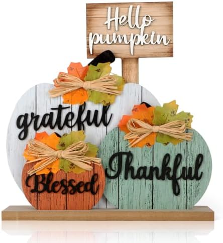 4 Pcs Fall Pumpkin Decor Wooden Table Sign Thankful Blessed Grateful Tabletop for Autumn Farmhouse Vintage Thanksgiving Harvest Party Rustic Home Room Table Shelf Halloween Decorations by Sophena
