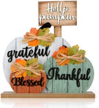 4 Pcs Fall Pumpkin Decor Wooden Table Sign Thankful Blessed Grateful Tabletop for Autumn Farmhouse Vintage Thanksgiving Harvest Party Rustic Home Room Table Shelf Halloween Decorations by Sophena
