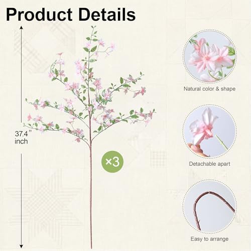 Fake Flowers, 3 Pcs Artificial Flowers Greenery Stems Faux Greenery Stems Branches for Vases Realistic Silk Real Touch Spring Greenery Stems Bulk Bedroom Office Wedding Table Summer Home Decor - Image 2