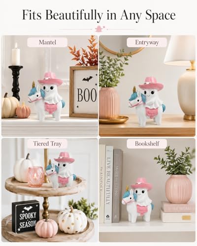 Halloween Ghost Unicorn Figurine, Resin Ghost Riding Unicorn Statue with Pink Hat, Cute Spooky Tabletop Decor for Shelf, Mantel, Tiered Tray, Desk, Home Decorations Pastel Gift (Pink Ghost Rider) - Image 2