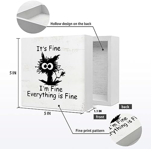 EIONEY Funny Office Desk Decor Sign,Funny Coworker Gift for Women Men,Cute Black Cat Decor for Home Office Table Shelf Wall,It's Fine I'm Fine Everything is Fine Wood Box Sign 5x5 Inch - Image 5