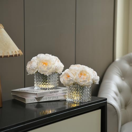 Artificial Peony Silk Flower Centerpieces with LED Light Faux Floral Arrangement in Glass Vase for Home Wedding Table Decoration (Cream White) - Image 5