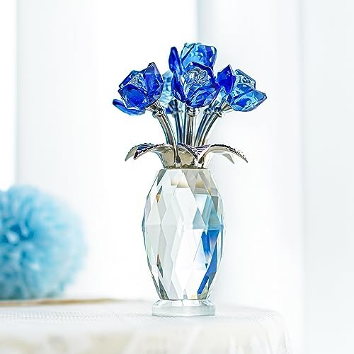 Blue Crystal Glass Rose Flower Paperweight Table Centerpiece Decor - Image 4