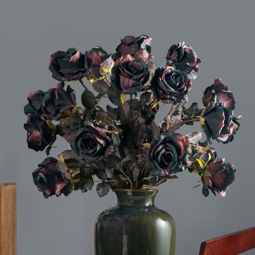 Artificial Roses 20PCS 23.2In Fake Roses Long Stem Artificial Flowers for Tall Vase Silk Rose Autumn Suitable for Indoor Halloween Gothic Decoration Wedding Party Decor DIY Bouquet Dark Blue by ENALGRE