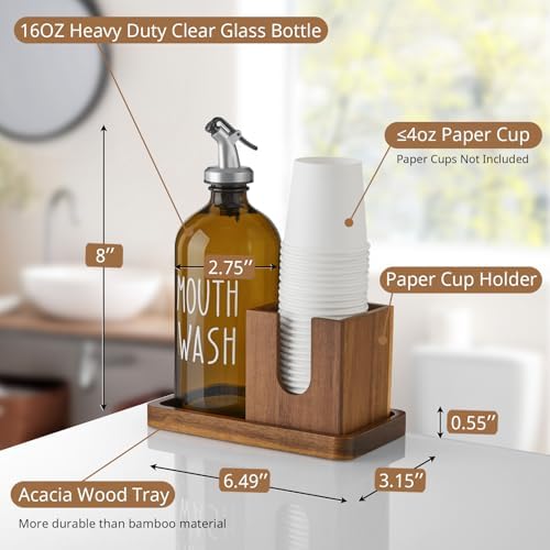 Amber Glass Mouthwash Dispenser for Bathroom, 16 OZ Mouthwash Dispenser with Pour Spout and Acacia Wood Cup Holder and Tray, Mouth Wash Bottle Container for Kitchen Bathroom Decor and Accessories - Image 2