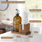 Amber Glass Mouthwash Dispenser for Bathroom, 16 OZ Mouthwash Dispenser with Pour Spout and Acacia Wood Cup Holder and Tray, Mouth Wash Bottle Container for Kitchen Bathroom Decor and Accessories - Image 2