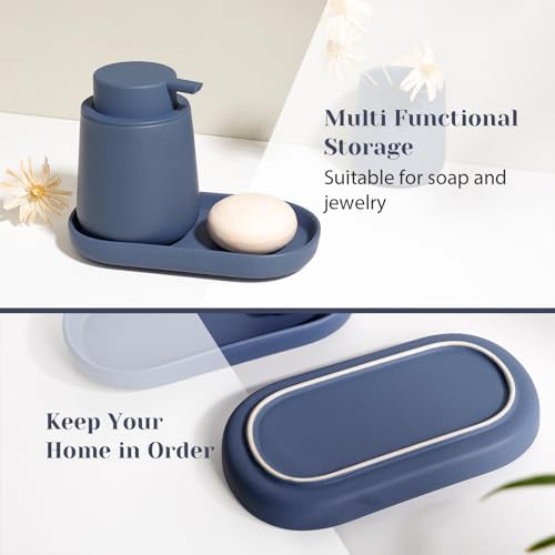INGOFIN 3 Pcs Ceramic Bathroom Accessory Set - Liquid Soap Dispenser, Toothbrush Holder & Tray, Bathroom Counter Set, Countertop Essentials for Home, Guest Bathroom, or Office Use, Matte Blue - Image 5